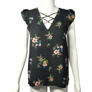 Crescent & Willough Sleeveless Blouse Black Floral Print, Size Small
